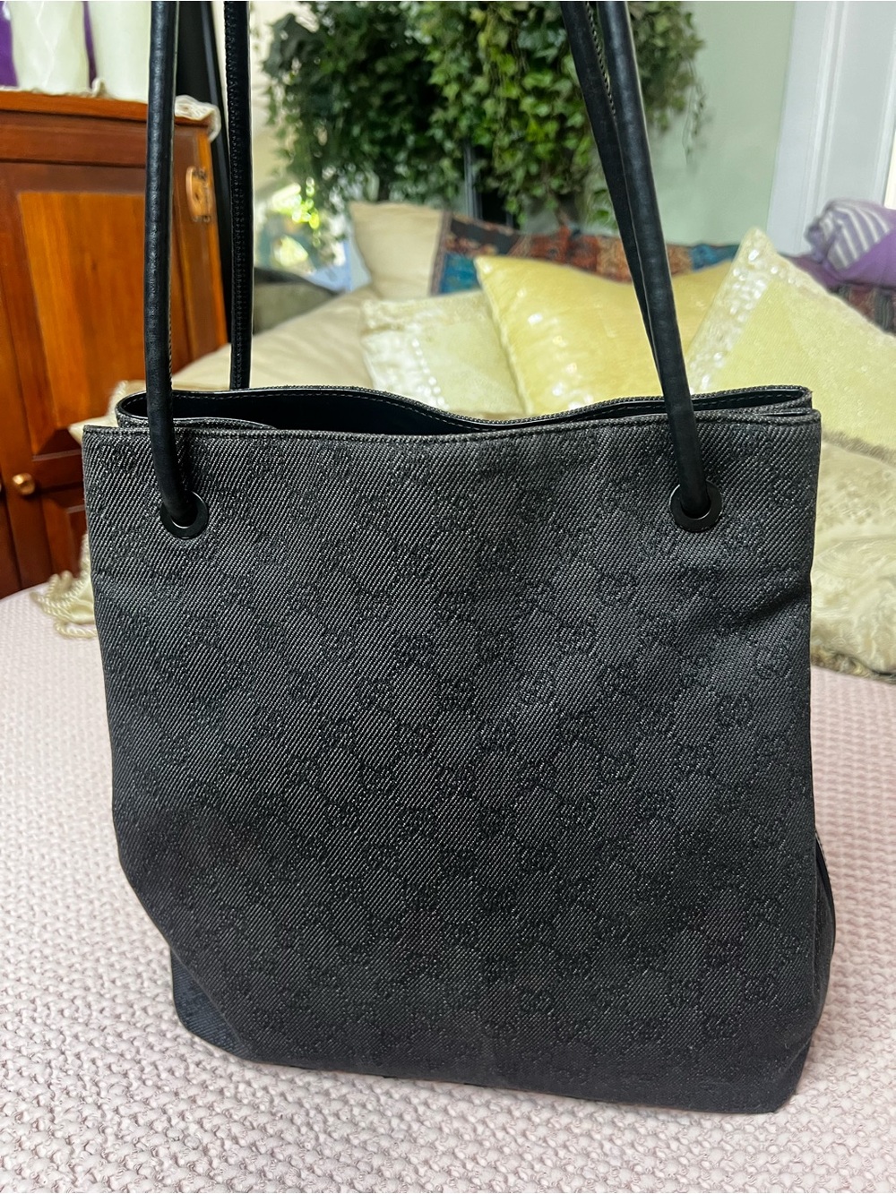 Gucci Gifford Black GG Monogram Denim Canvas Tote Shoulder Bag